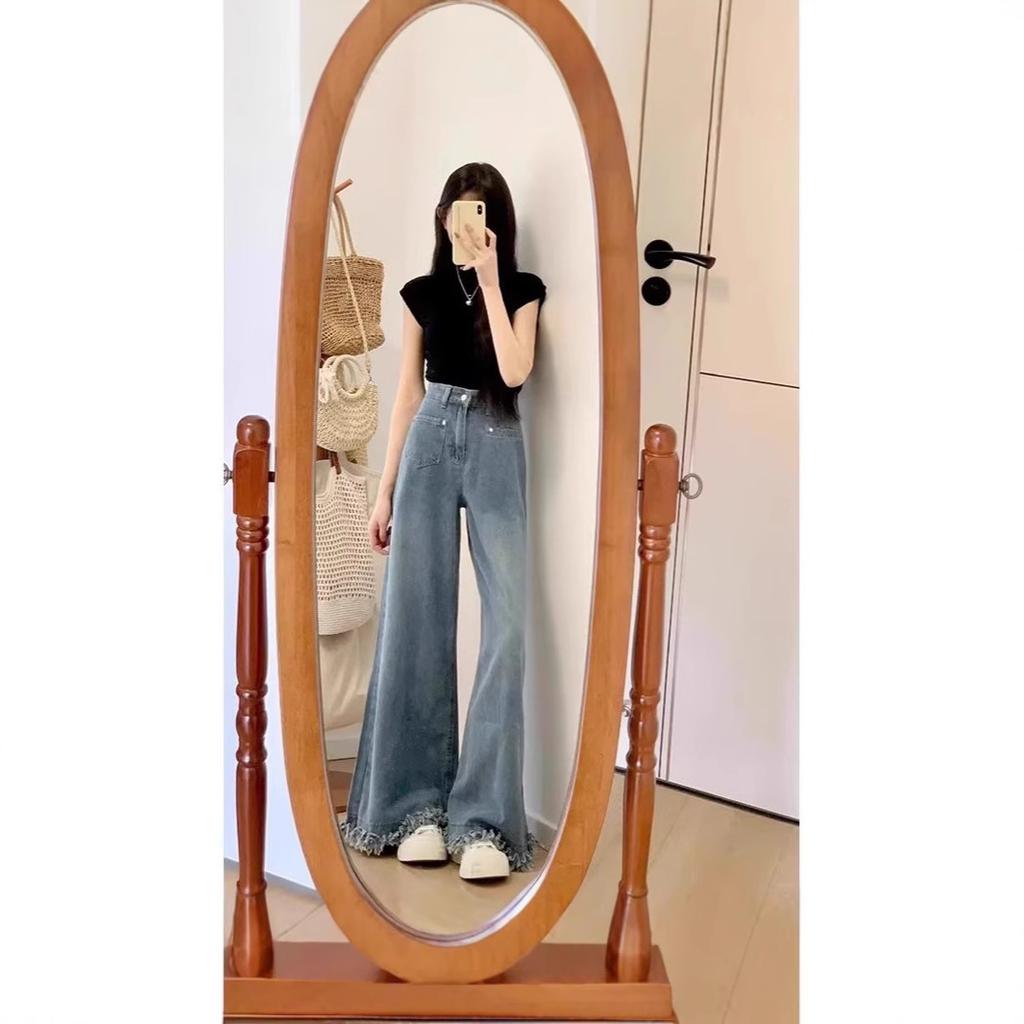 Rough edge flared jeans women's early autumn new high waist thin loose lazy American high street wide leg pants flared pants