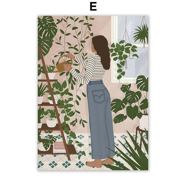 Boho Girl's Life Cat Monstera Plants Abstract Nordic Wall Art Canvas Painting Posters And Prints Pictures For Living Room Decor
