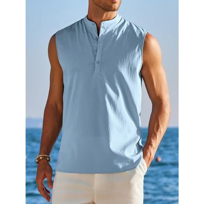 Spring Summer Beach Men's Half Open Collar Sleeveless Bottom Shirt Men Casual Top White Black Blue