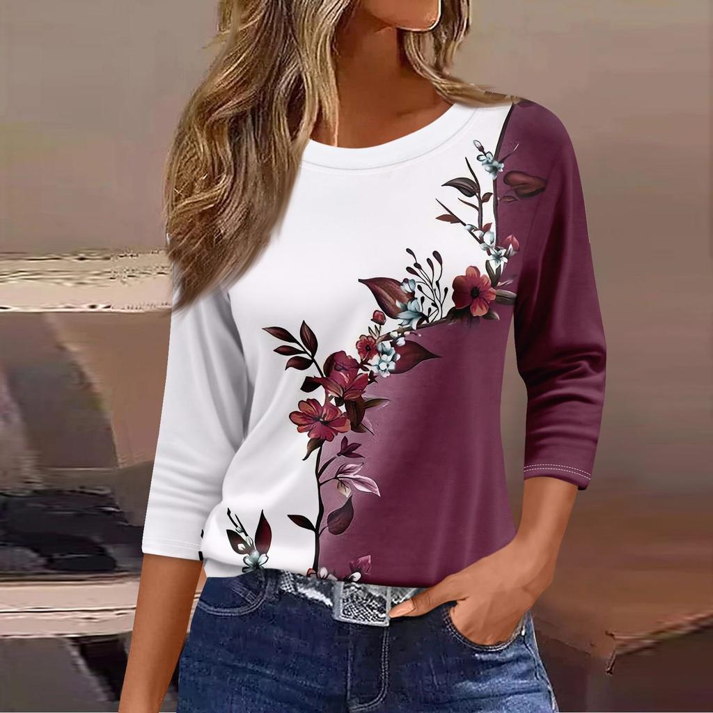 Women's Fashion Casual Round Neck 3/4 Sleeve Loose  Printed T-Shirt Ladies Top