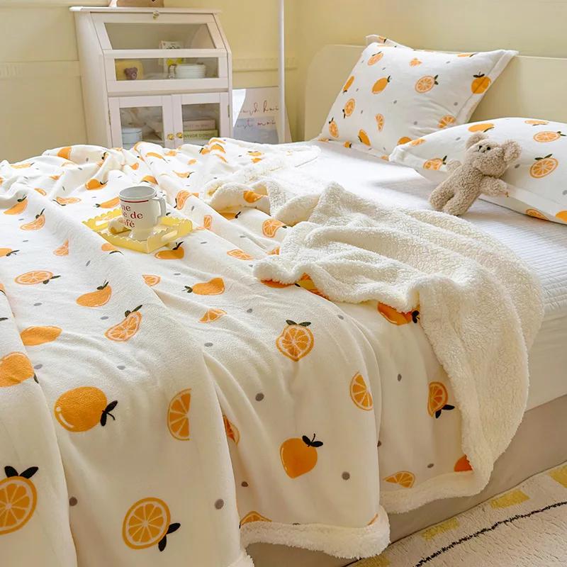 Winter Cartoon Printed Lamb Wool Blanket Thick and Warm Coral Fleece Blanket for Office Napping Fluffy Soft Plush Bedspread