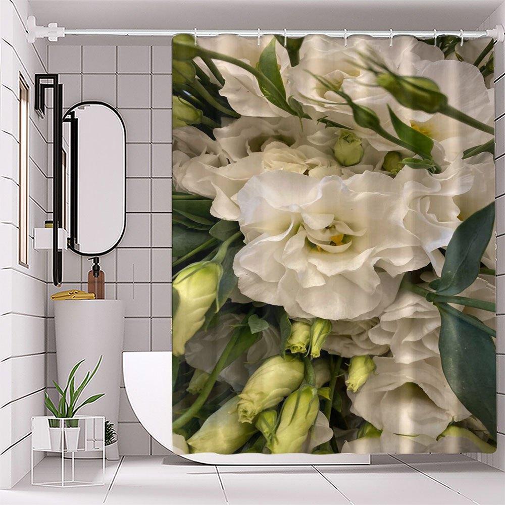 1 st Blommig Duschdraperi - Vit Blomma Digitaltryck, Vattenresistent Polyester, Endast Handtvätt, Inkluderar Krokar