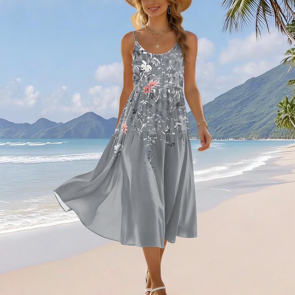Women’s Summer Floral Print Bohemian Casual Beach Holiday Sundress with Adjustable Spaghetti Straps and Pockets
