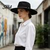 Classic Wide Brim Hat Retro Flat Top Hat, Wool Felt Pork Pie Bowler with Stylish Headwear for Women Metal Ring, Trilby Men Autumn Winter Warm Fedora