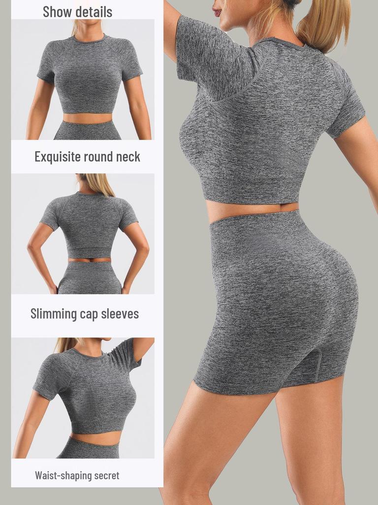 Seamless Knit Slimming Bodycon Yoga Top - Short Sleeve, Small Round Neck, Solid Color Fitness Wear