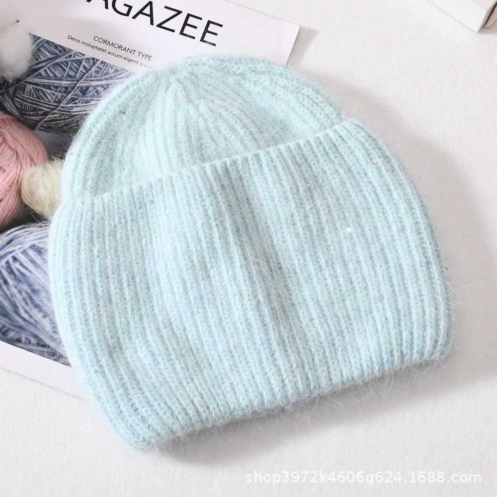 Autumn/Winter New Angora Long Plush Rabbit Fur Knit Hat, Casual Belt with Small Sequins, Warm, Thickened, Couple's Knit Hat