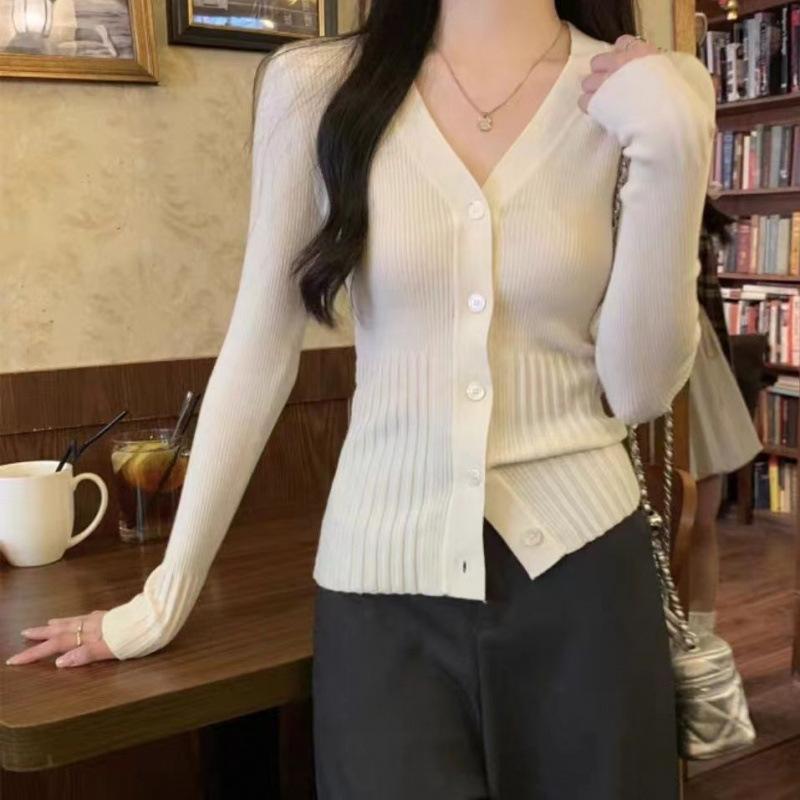 Slim-fit Solid-color Knitted Bottoming Shirt Women's Spring and Autumn Shoulder Sweater Cardigan with Temperament and Thin Top
