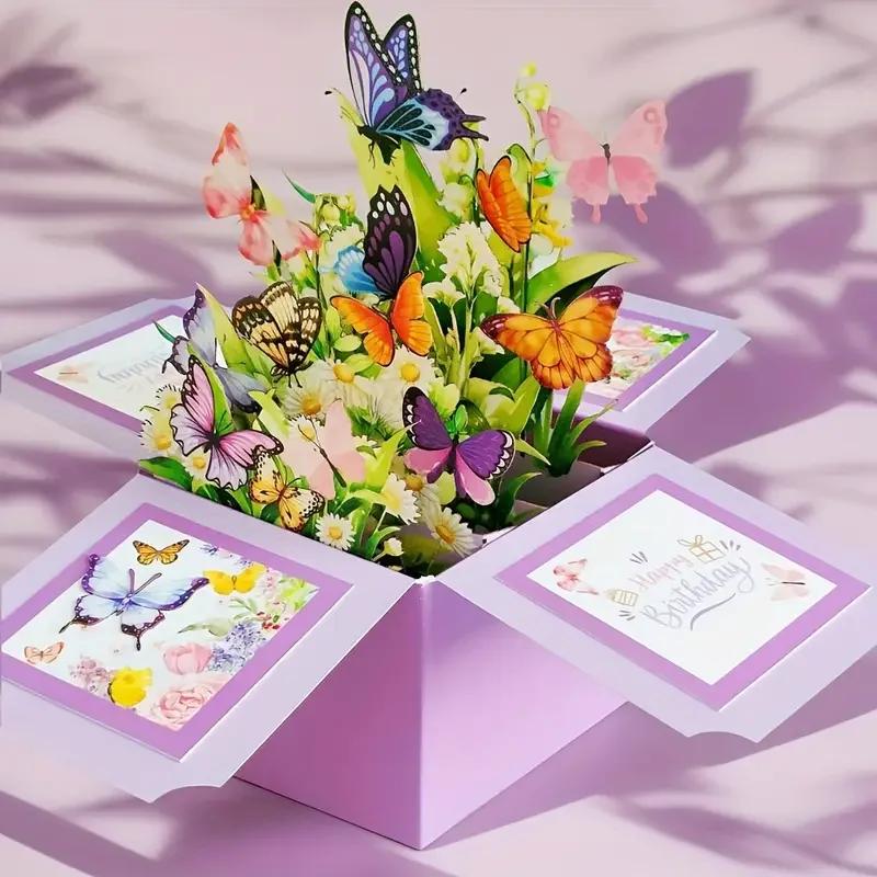 1pc 3D Pop-Up Birthday Greeting Card Family Friends Birthday Cards Floral and Butterfly Design for Any Recipient Party Supplies