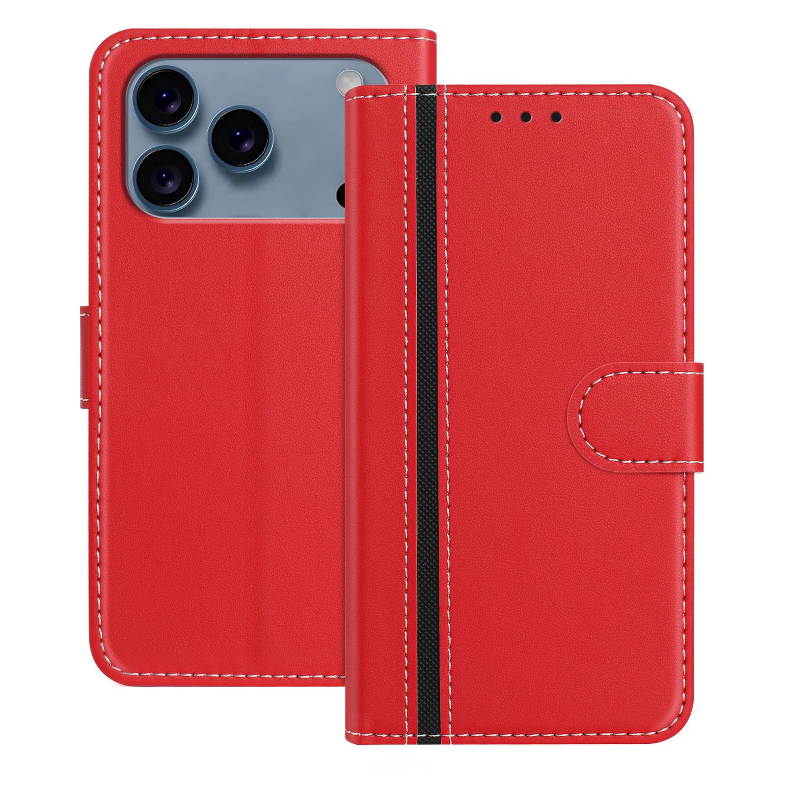

For iPhone 17 Pro Max Phone Cases Wallet Stand Color Splicing Leather Cover with Magnetic Clasp Red