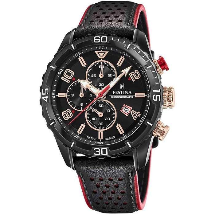 Montre homme - FESTINA - Festina chrono cuir noir et rouge - Quartz - Analogique - Sport