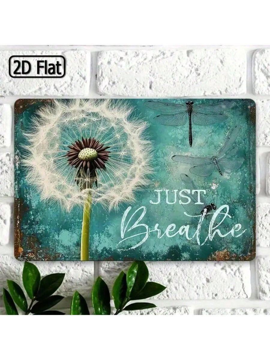 Vintage Turquoise Just Breathe Dandelion Dragonfly Metal Wall Art Home Decor