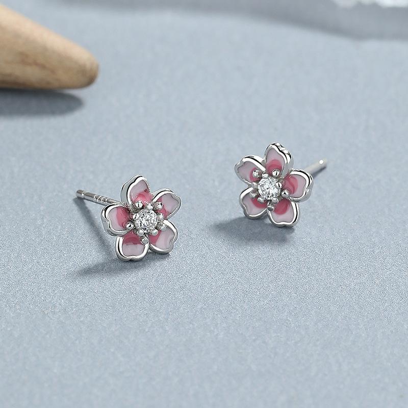 925 Sterling Silver Cherry Blossom Stud Earrings Enamel Flower Jewelry with Crystal for Women Girls Gift
