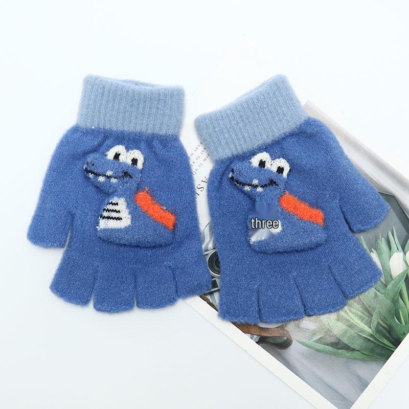 Children's Winter Wool Flip-Top Gloves - Warm, Cartoon Design for Elementary Boys & Girls