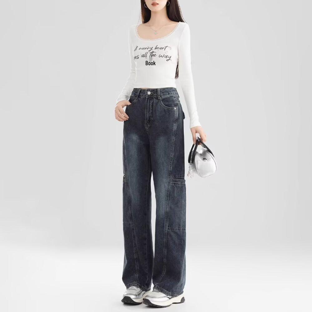 

Женские джинсы прямого кроя с высокой посадкой в ретро-стиле, сине-серые - сезон 2025 S сине серый