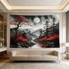 Japanische Tintenlandschaft Wandteppich Roter Ahorn Mondbeschienener Tempel Polyester Wandbehang für Wohnzimmer Schlafzimmer Asiatische Kunst Berg Fluss