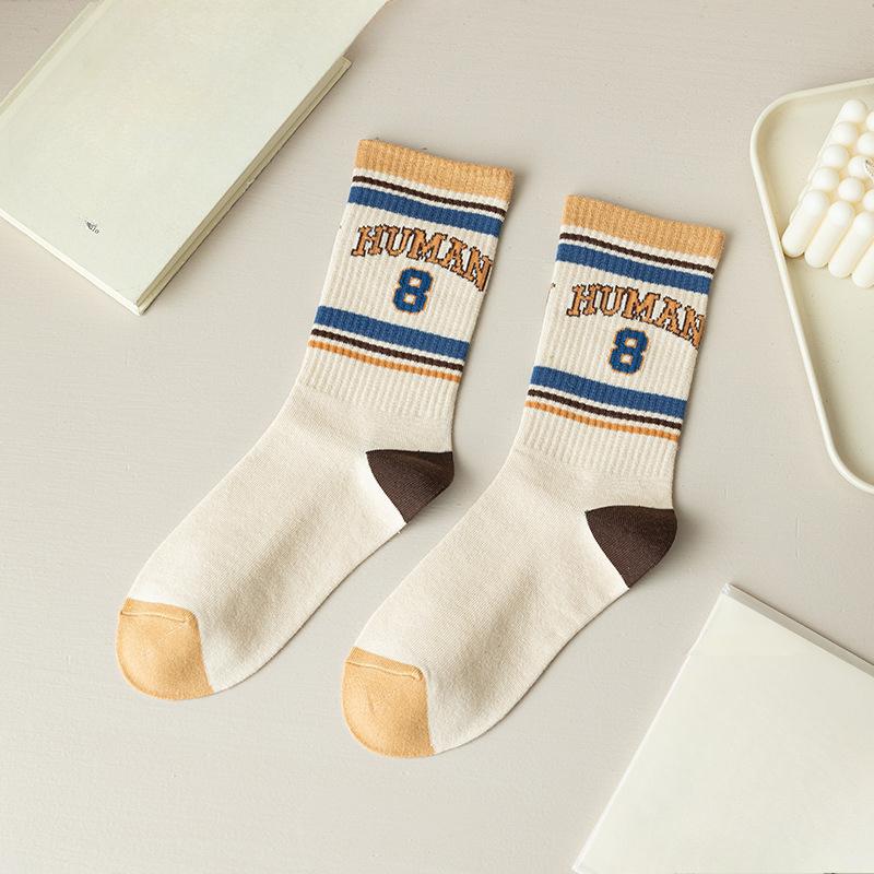Female Spring and Autumn Tide Stripe Number Letter Tube Cotton Socks