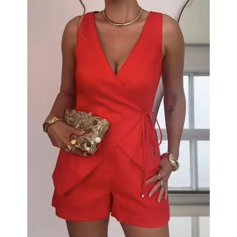 

Shorts Fashion Set2025 Summer European and American Women Sleeveless Deep V Solid Shorts Temperament Fashion Set Red L