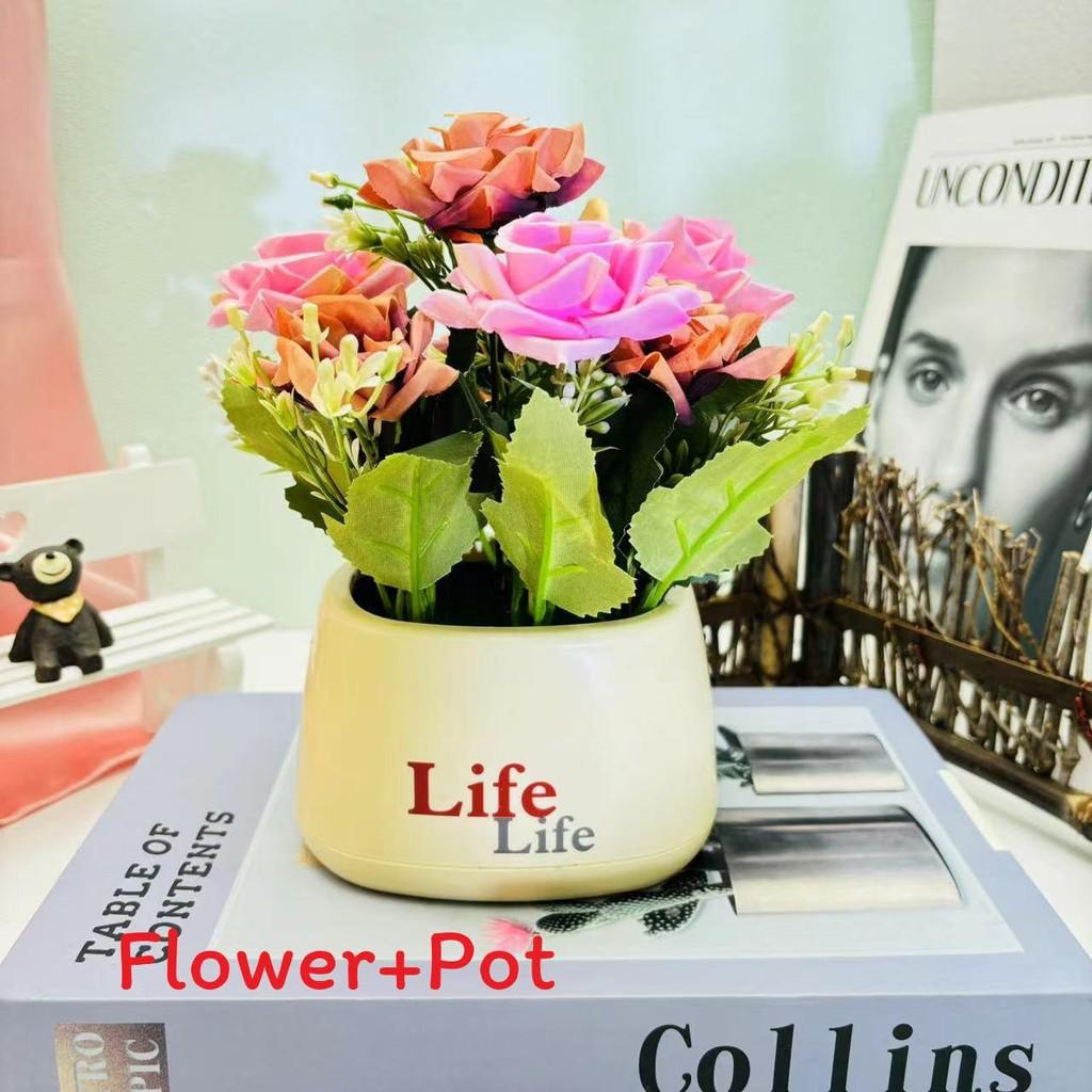 Artificial Rose Champagne Potted Plant Bonsai For Home Decor Tabletop Display