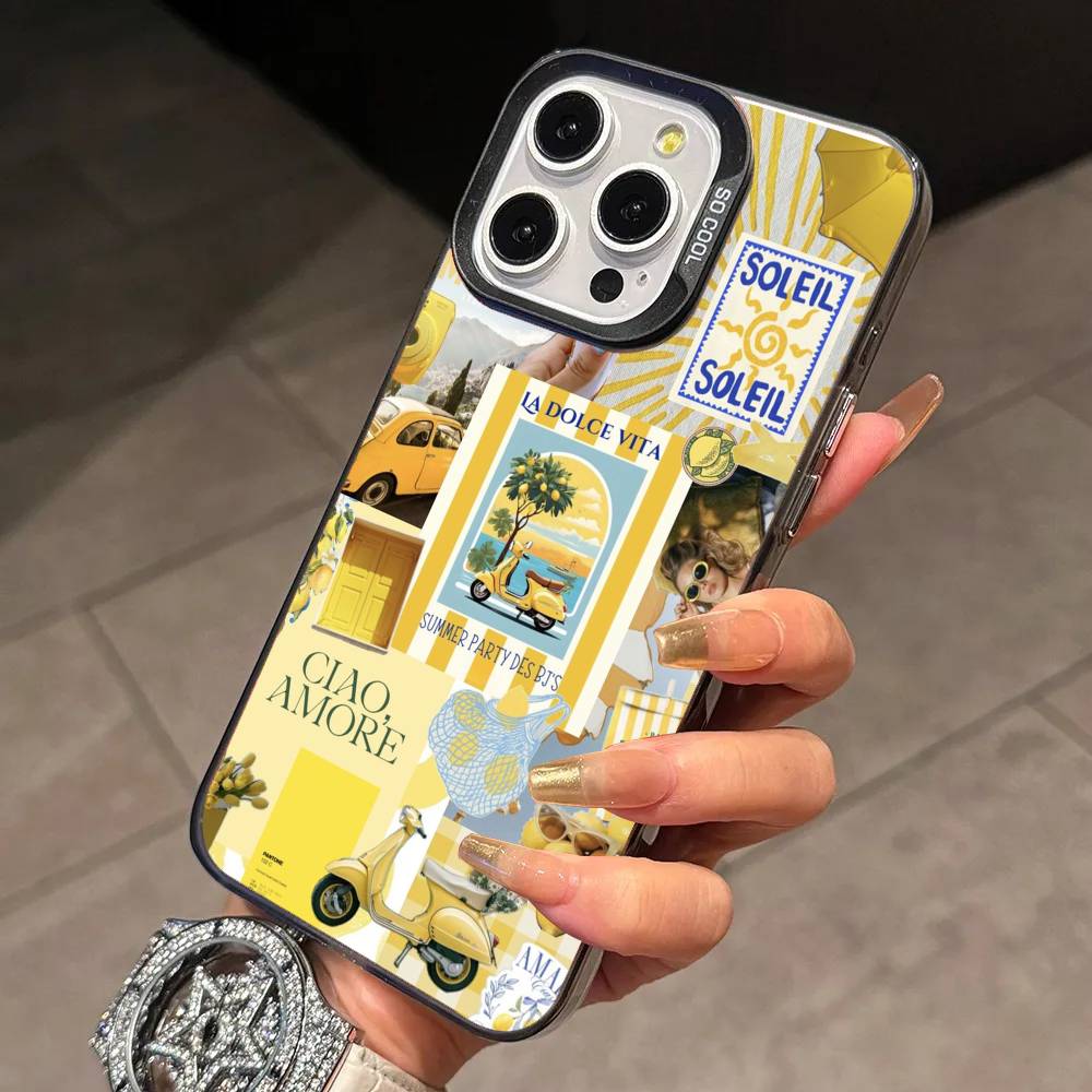 E-European A-Amalfi Coast L-LemonS  Phone Case For iPhone 17,16,15,14,13,12,11Plus,Pro Max,XS,Colored Silver Plated Inside Cover