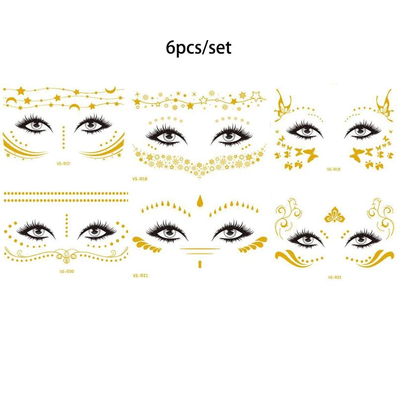 Pegatinas de purpurina para tatuajes faciales, tatuajes temporales metálicos dorados, calcomanías de maquillaje impermeables para chicas, fiestas, festivales de música