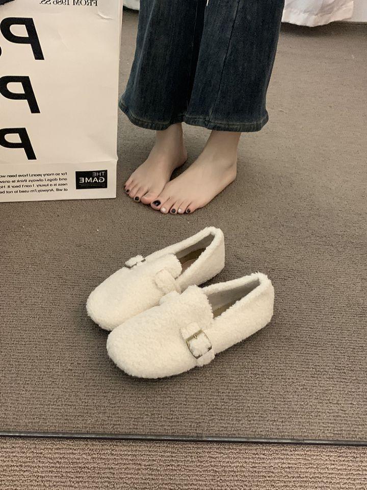 Flat-bottomed fluffy shoes for women's outer wear 2025 new autumn and winter one-pedal piled laden shoes gentle white Mary Jane cotton shoes