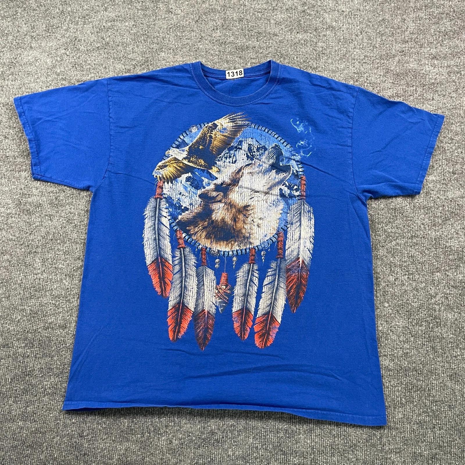 Vintage 90s Native-American Western Wolf Eagle Shirt XL 23x27 Blue 2XL