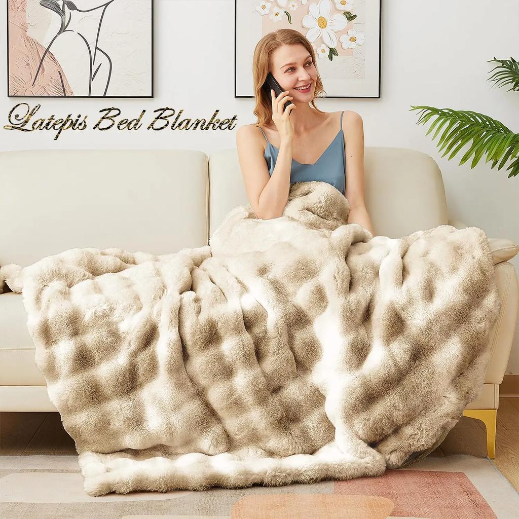 Double Sided Thickened Warm Soft Faux Rabbit Fur Bubble Plush Blanket Tuscany Style for Office Nap Sofa Throw Bedroom Decor Home