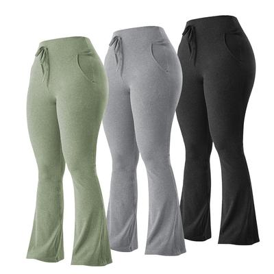 American-Style Women's Pants with Pockets Plus Size Ribbed High-Waisted Casual-Style Slim-Fit Flared Pants with A Belt