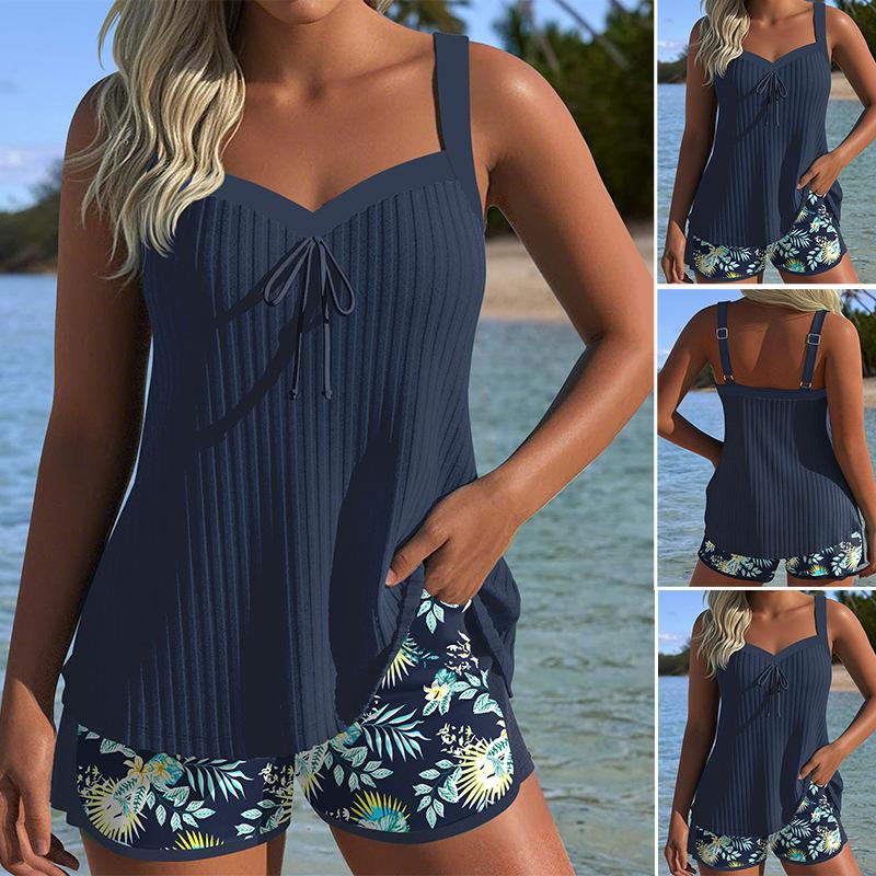 European and American Fashion Split Swimsuit Two-piece Conservative Shorts Sleeveless Printed Suit Beach Swimsuit