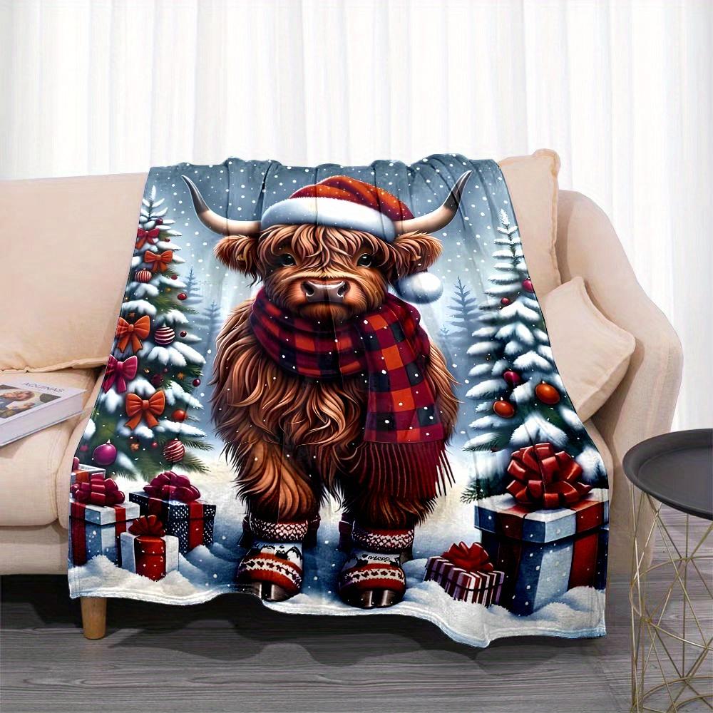 Cozy Highland Cow Christmas Throw Blanket - Soft Flannel, Reversible, Perfect for Bed, Sofa, Camping & Travel - Machine Washable