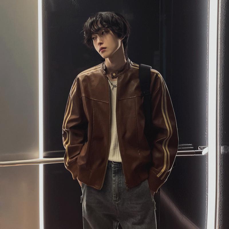 Giacca in Pelle da Uomo Autunno Larga Collo Alto Top Stile Coreano Alla Moda Giacca in Pelle da Motociclista