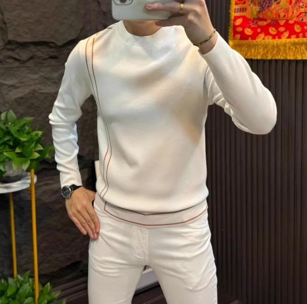 Men s Trendy Slim-Fit Light Luxury Knit Sweater - Round Neck, Long Sleeve, Casual Autumn/Winter Style XL белый
