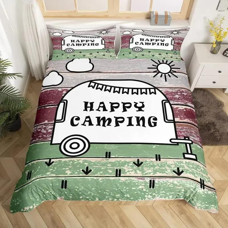 Happy Camping Bedding Set Camper Car Duvet Cover King Queen Microfiber Smoky Mountain Wood Print Quilt Cover Set For Girls Boys