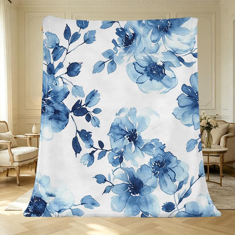 Soft Flannel Fleece Blanket, Blue Floral Pattern Machine Washable, Warm Cozy Throw for Home, Office Napping, Christmas & Halloween
