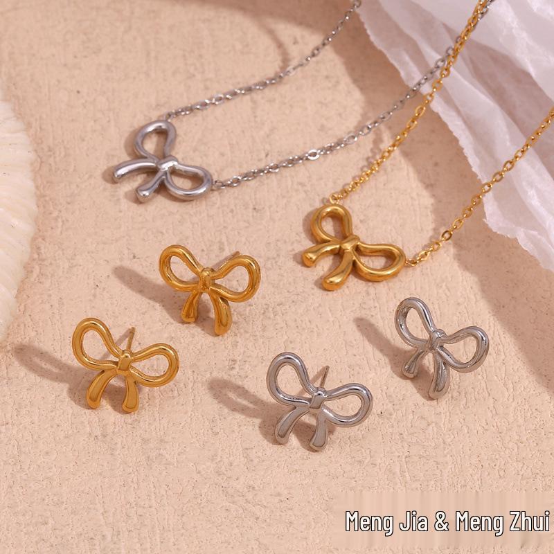 European-American Fashion: 18K Gold-Plated Stainless Steel Bow Necklace & Cute Stud Earrings for Women