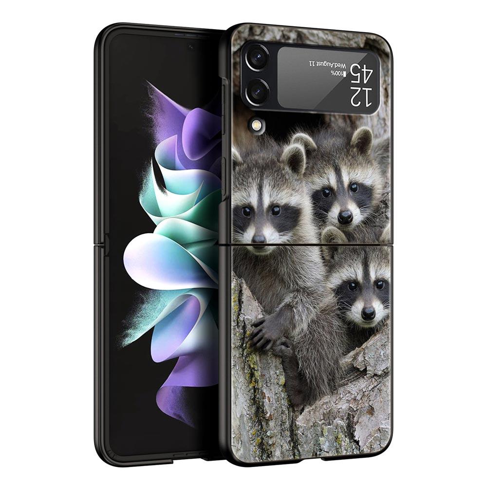 Hard PC Phone Case For Samsung Galaxy Z Flip 7 6 5 4 Black Cover For Galaxy Z Flip 3 Foldable Shockproof Cute Animal Raccoon Bag