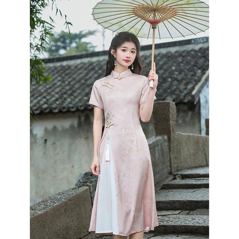 Pink cheongsam 1011 new Aodai improved young tea clothes women's new Chinese style daily wear national style dress