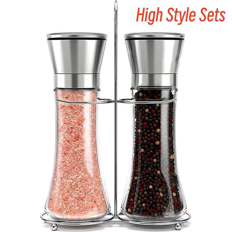 Salz- und Pfeffermühlen-Set Edelstahl Pfeffermühle und Salzmühle, 6 oz Glas hoher Körper, 5 oz verstellbare keramische Glasmühle