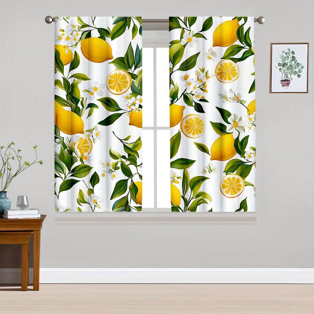2PCS Lemon & White Blossom Floral Print Curtains, Rod Pocket Design for Kitchen and Living Room