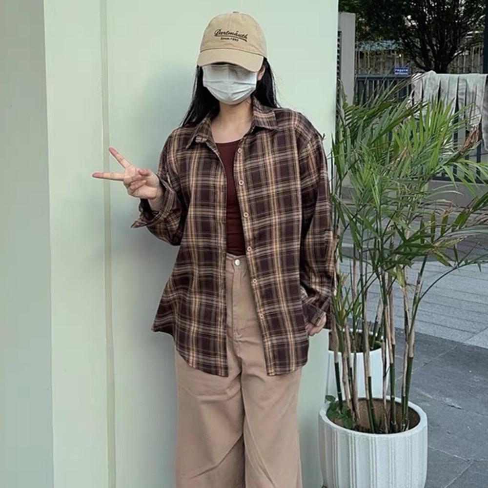 Women's Plaid Long Sleeve Korean Style Cardigan Shirt - Loose Retro Jacket for Spring and Autumn