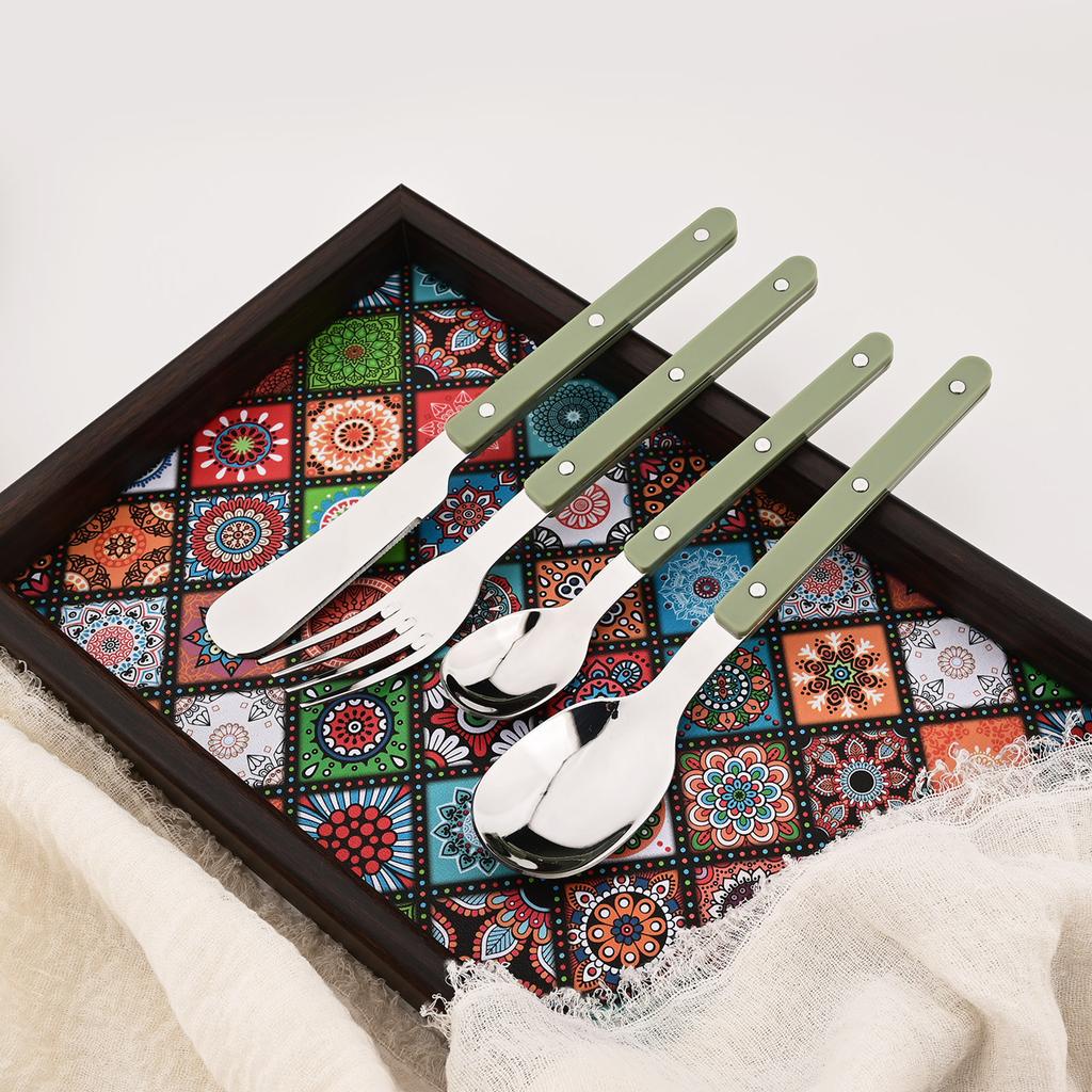 16 Pieces Color Handle Flatware Eating Utensils, Stainless Steel Tableware Rivet ABS Handle Design, Knives Forks Spoons for Home, Service for 4