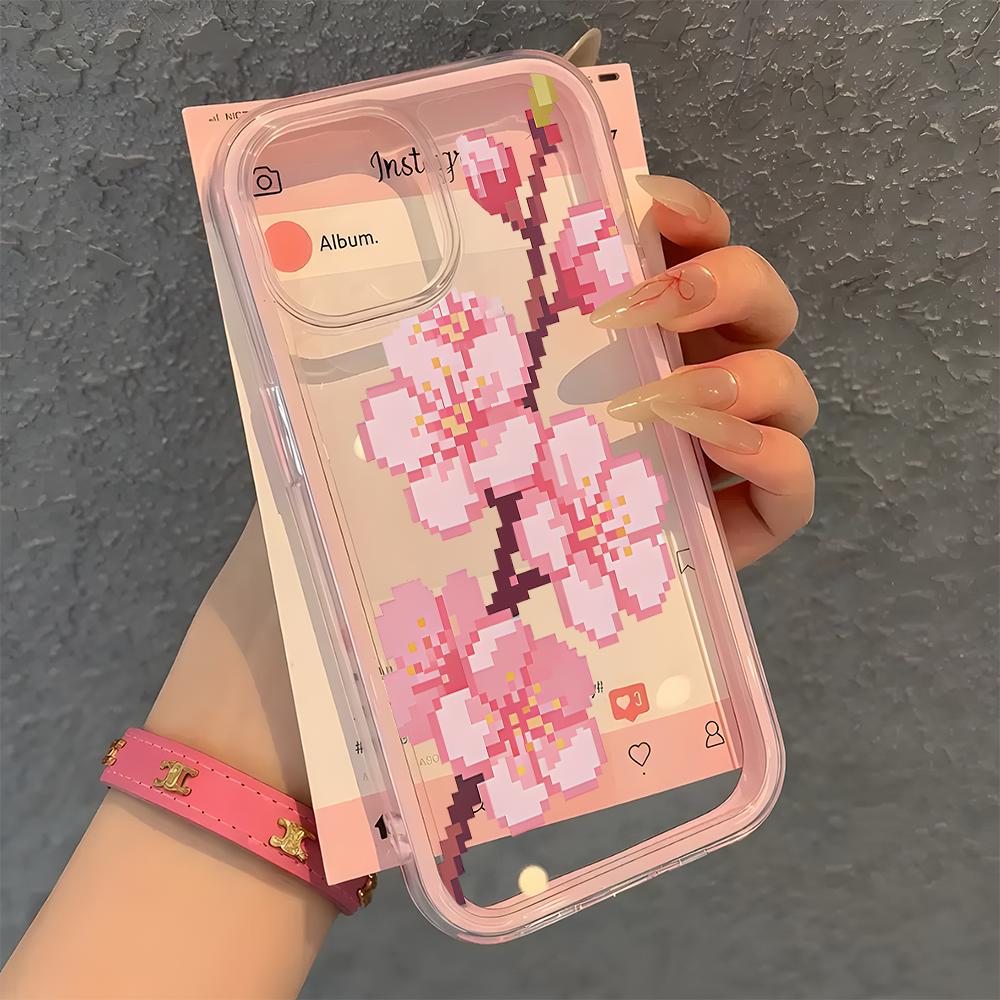 Pink Pixel Cherry Blossom Phone Case For iPhone 17 16 15 14 13 12 11 Pro Max Air 14 Plus 2 In 1 Candy Color Clear Silicone Cover