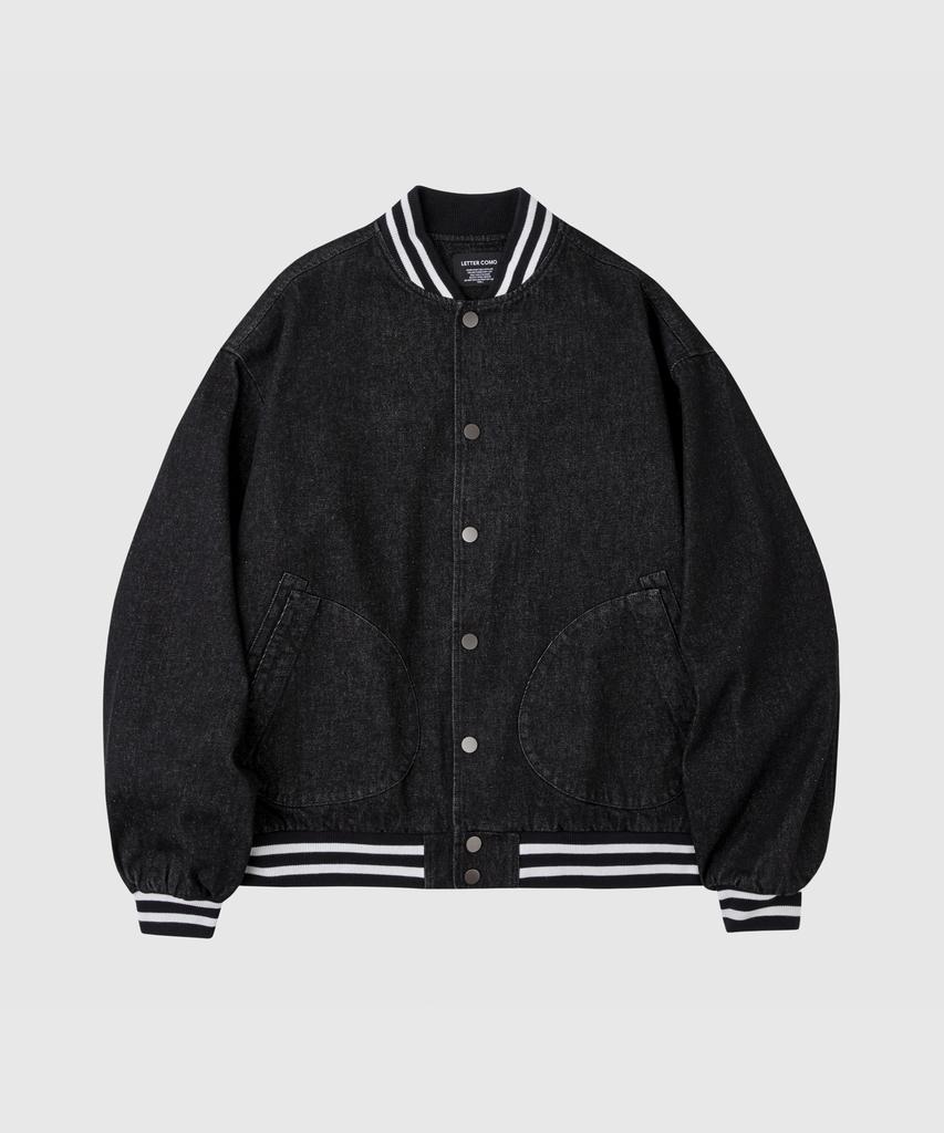 LETTERCOMO Round Pocket Denim Varsity Jacket Black