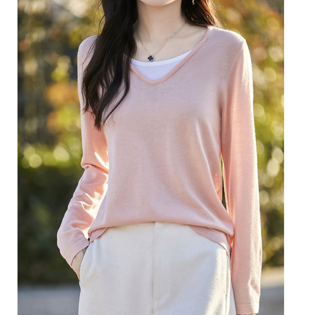 Women's V-Neck Color Block Layered Knit Sweater - Long Sleeve, Lightweight