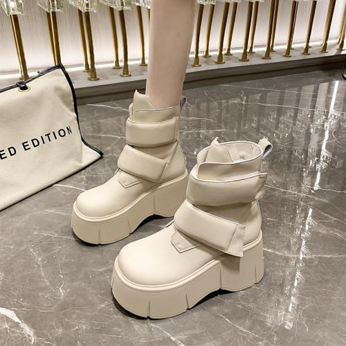 

Модные женские сапоги на толстой платформе осенью Новые короткие сапоги на высоком каблуке 8 см для женщин Зимняя теплая обувь Сапоги на толстом каблуке 34 бежевый