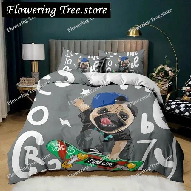 Cartoon Dog Duvet Cover Set Multicolor Watercolor Cute French Bulldog Bedding Set for Girl Boy Polyester Puppy Theme Quilt Cover