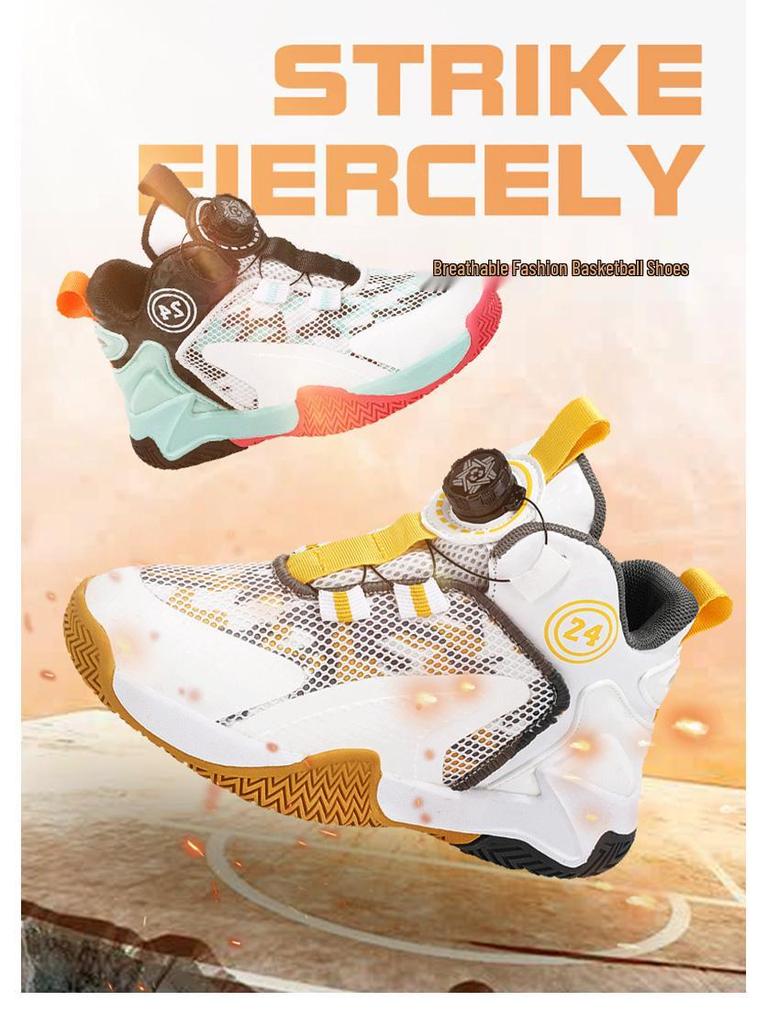 2025 New Autumn Boys' Basketball Shoes: Breathable Mesh, Rotating Buckle, Ideal for Students and Running.