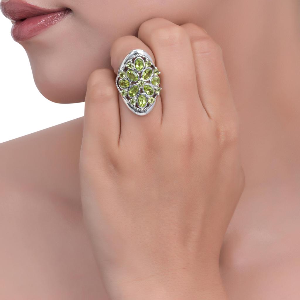 Sterling Silver Multi Stone Peridot Ring - Cluster Green Gemstone Statement Ring with Rope Border - August Birthstone Jewelry for Women