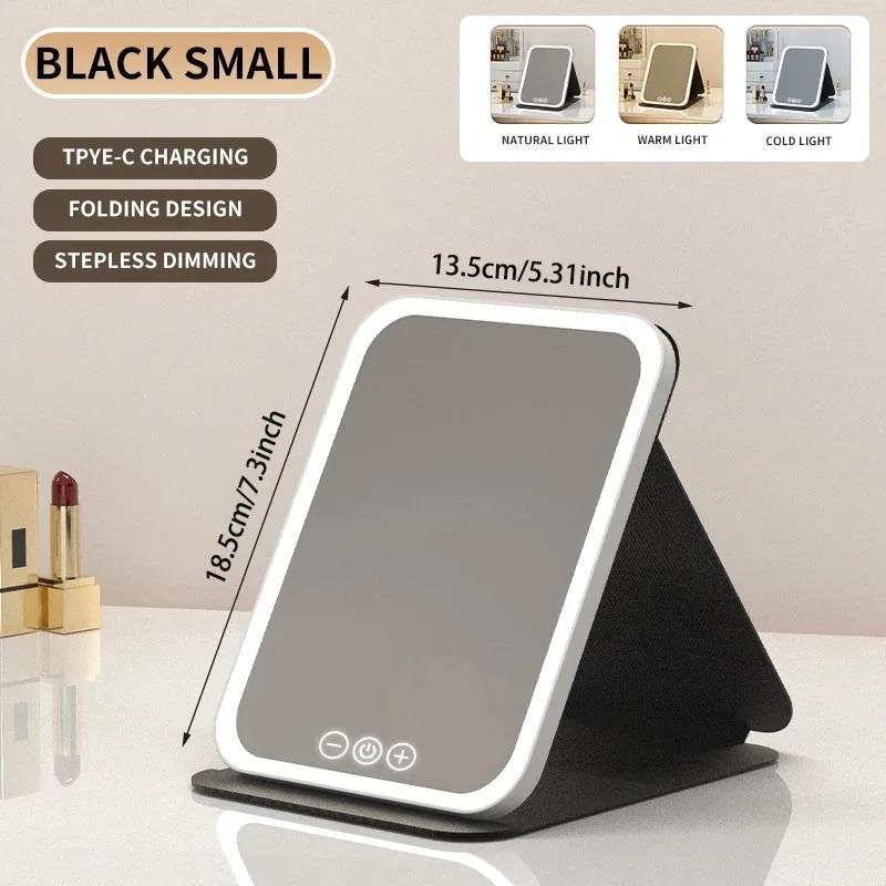 Portable 3 Colors LED Makeup Mirror Pocket Mirror USB Rechargeable Touch Control 3 Brightness Dimmable for Daily Travel Gift