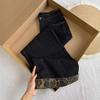 Women's Spring/Fall Retro-Style Black Leopard-Print Cuffed Jeans: American High-Street Loose-Fit Straight-Leg Wide-Leg Pants